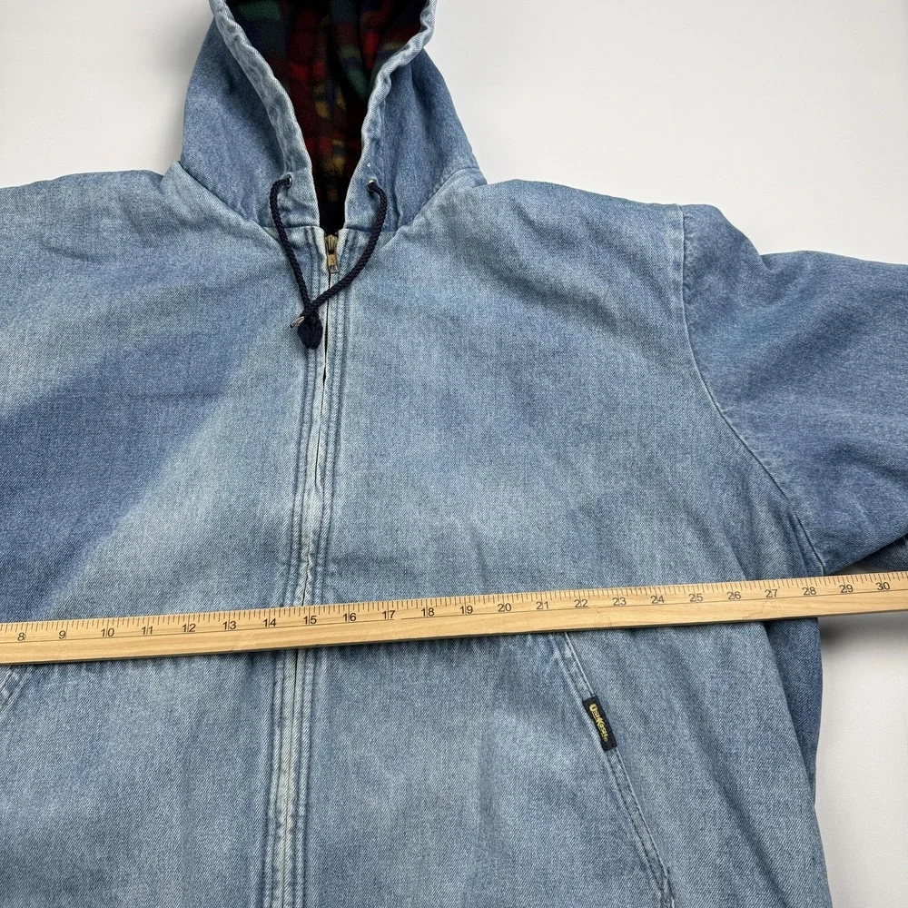 OshKosh Jacket Men's L Blue Denim Hooded Fleece Lined Bomber Plaid Zip Winter